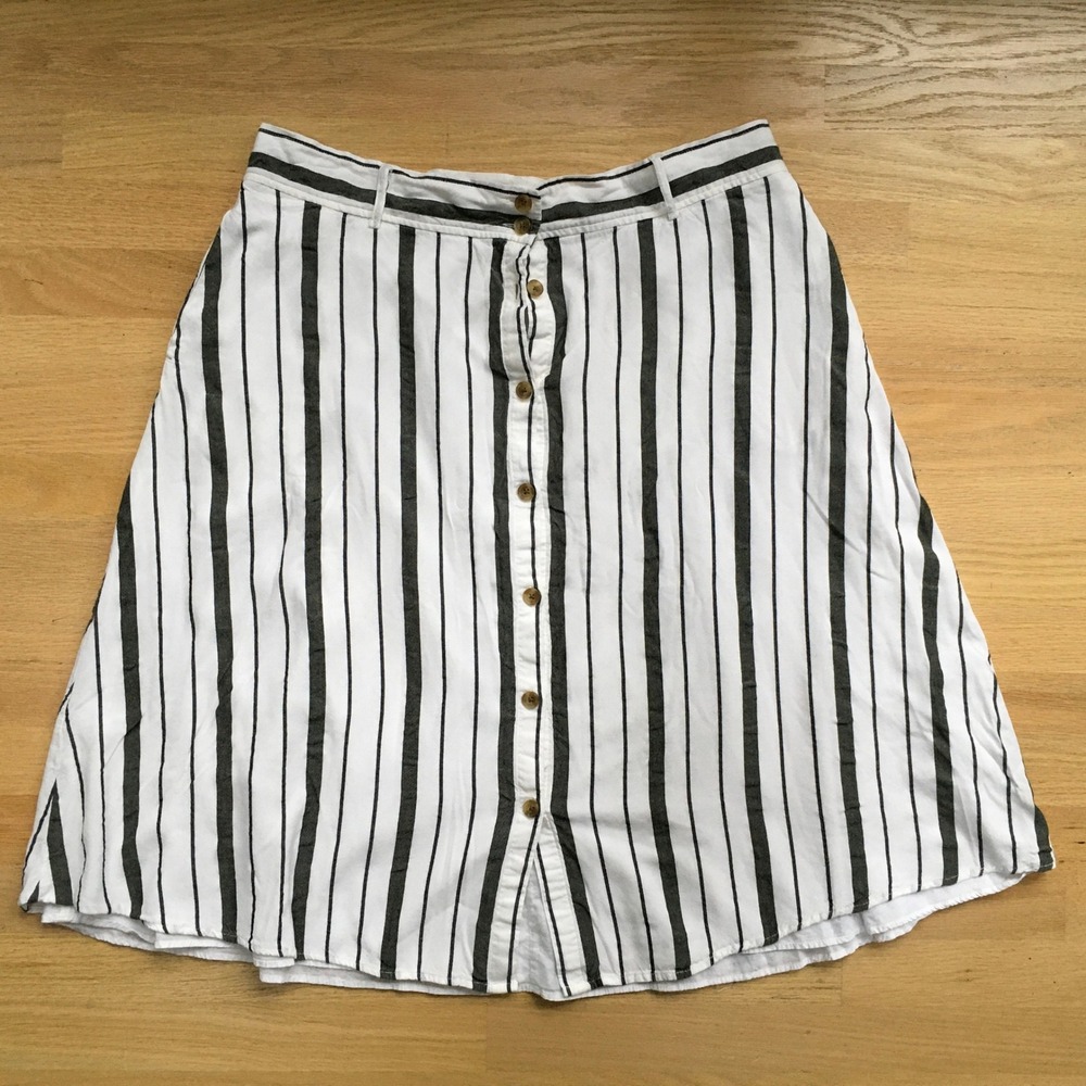 Loft Outlet White Black Striped Button Front Midi Skirt Size 16 Viscose Cotton
